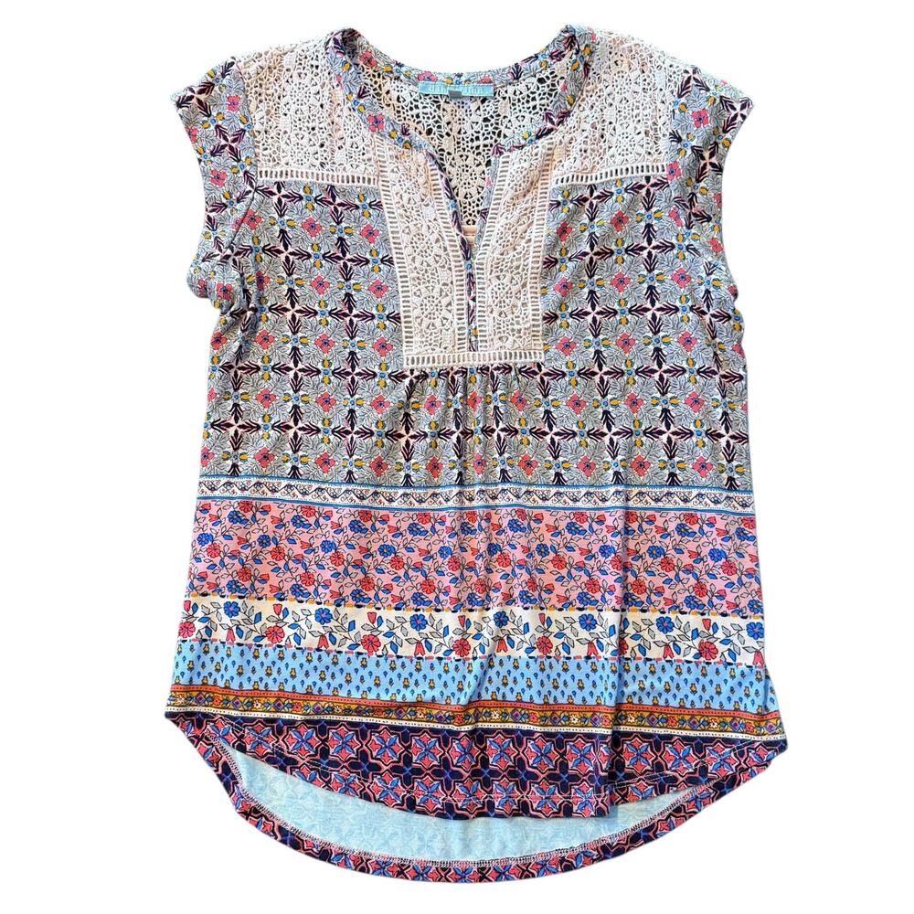 Daniel Rainn Women’s mixed print tee with crochet detail, Size S
